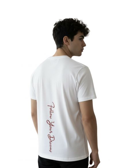 T-shirt with vertical FYD screen printing on the back